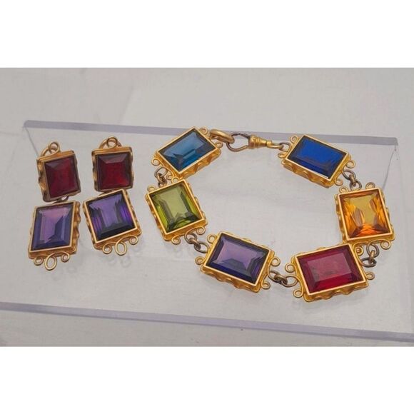 Early Mish Tworkowski Bracelet Clip Earrings Set Colorful Faux Stones Gold Tone - Picture 1 of 10